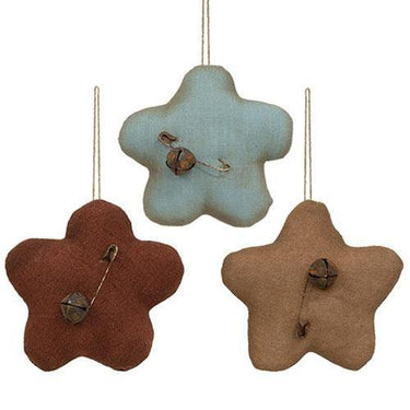 3 Set Primitive Flower w Rusty Jingle Bell Ornaments - The Fox Decor